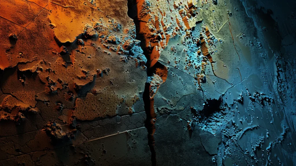 a detailed close-up of a visibly cracked foundation wall in a boston basement, illuminated by harsh fluorescent lighting, showcases evidence of water damage, emphasizing the urgent need for professional foundation repair services.