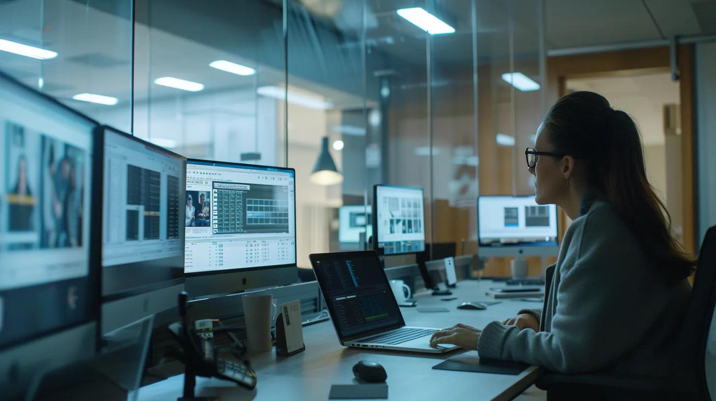 a modern office setting in boston showcases a professional engaged in an intense discussion over foundation repair estimates, surrounded by open laptops displaying detailed reviews and proposals, illuminated by bright overhead lighting to emphasize clarity and focus.