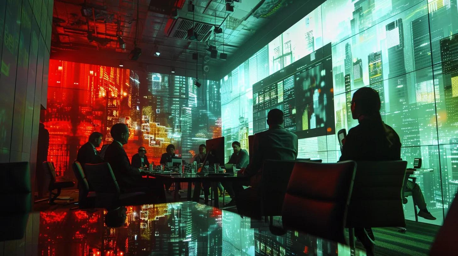 a sleek, modern office setting features a diverse group of professionals engaged in a dynamic discussion around a digital presentation on advanced foundation solutions, illuminated by sharp overhead lighting that enhances the atmosphere of collaboration and innovation.