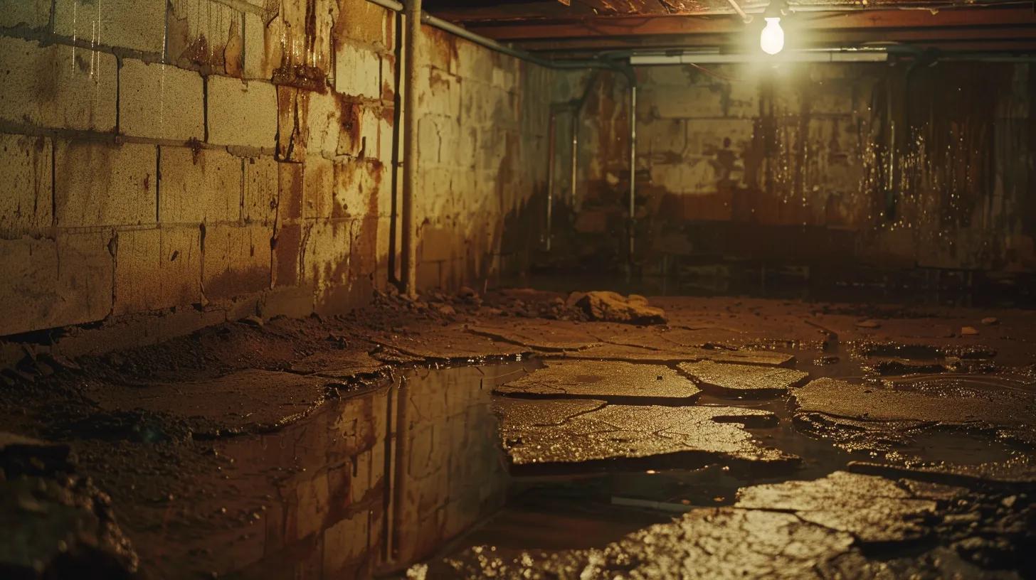 a dimly lit basement reveals visible cracks in the foundation walls and pooling water, emphasizing the urgent need for waterproofing solutions to safeguard home safety and preserve property value.