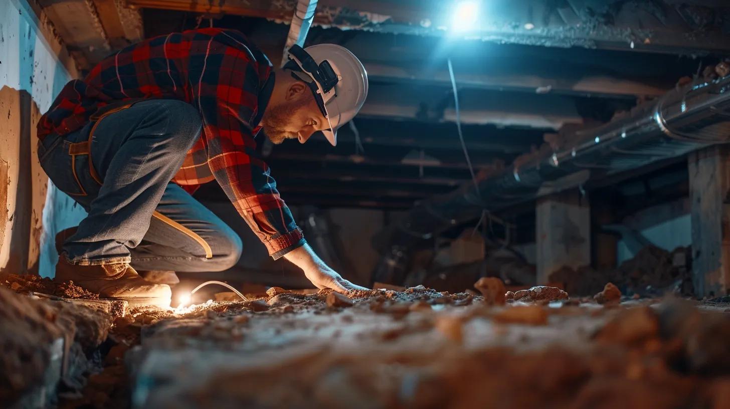 a professional inspector examines a basement foundation, noting cracks and tilting floors under the harsh glare of overhead fluorescent lights, emphasizing the urgency of immediate structural evaluation.