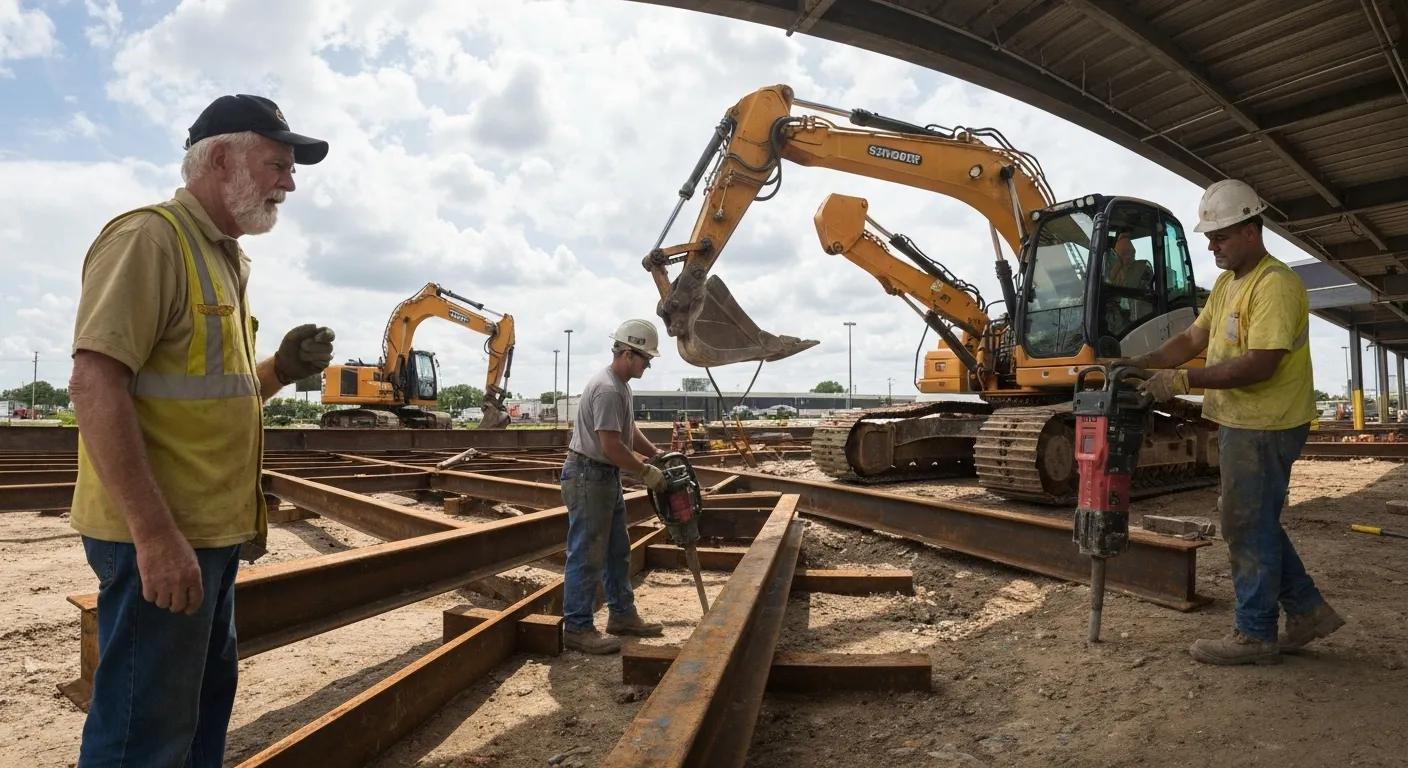 Skilled construction crew and specialized equipment engaged in the underpinning process to reinforce a commercial building's foundation
