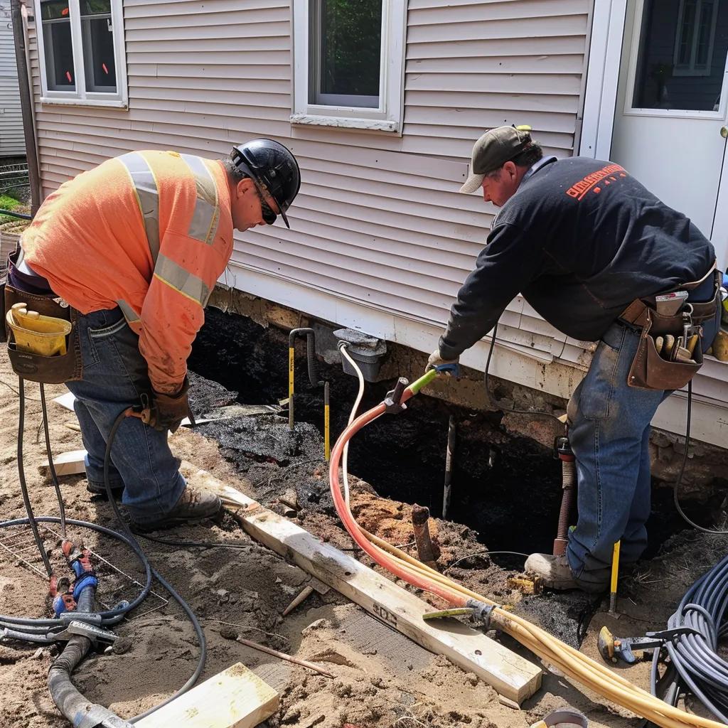 Foundation repair team applying waterproofing solutions and stabilizing a Boston home