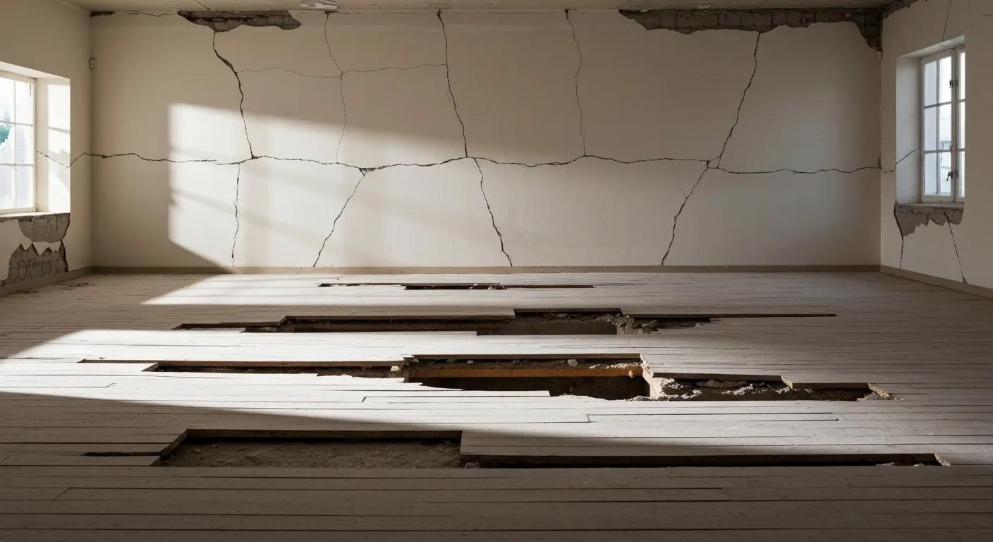 Visual cues of foundation settlement, such as prominent wall cracks and noticeably uneven flooring within a commercial structure