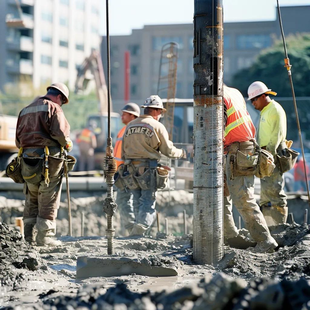Skilled technicians performing commercial foundation repair, installing helical piers and injecting foam for stabilization