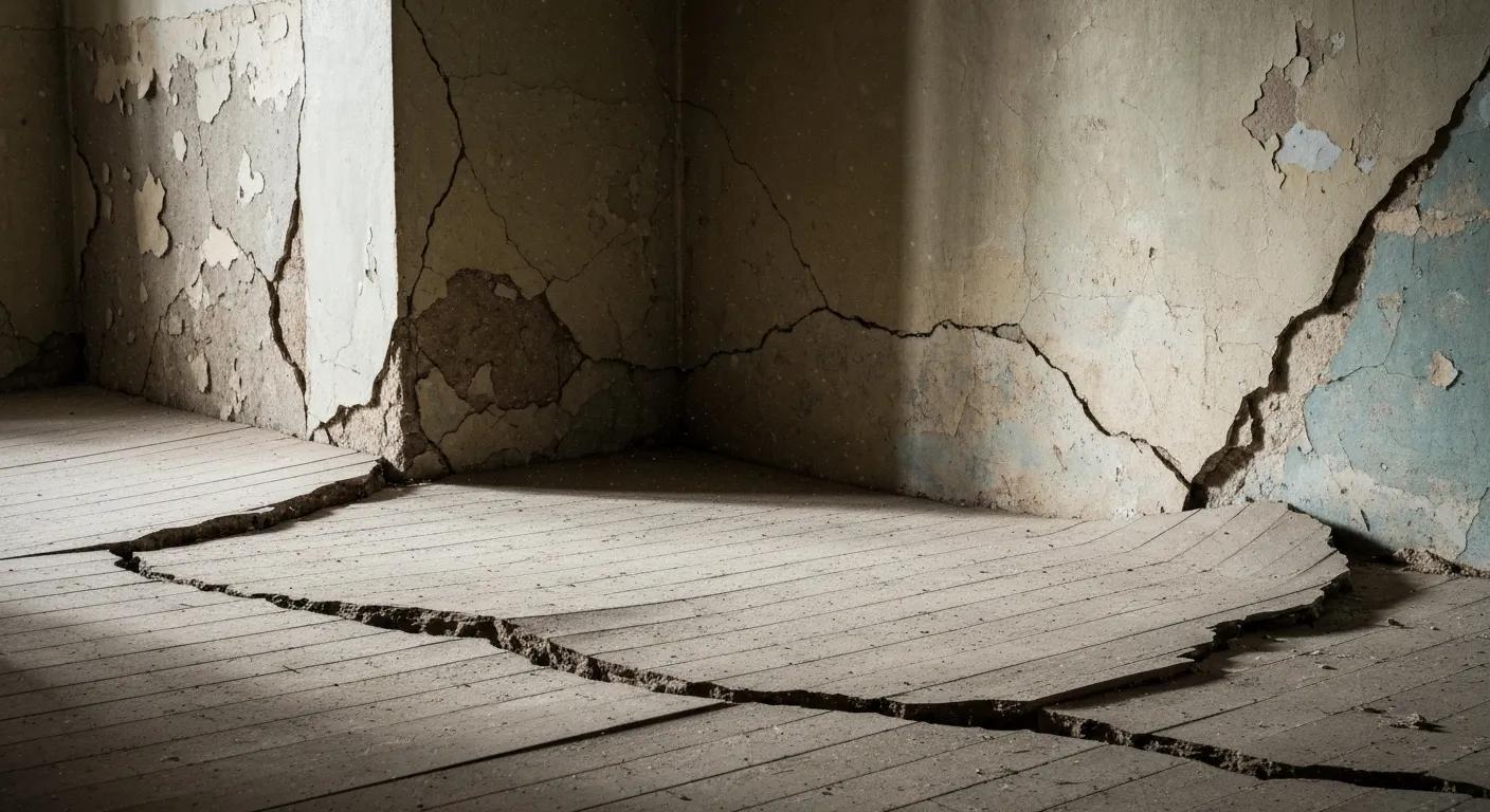 Detailed view of fractured walls and uneven flooring within a Boston dwelling, illustrating common foundation issues