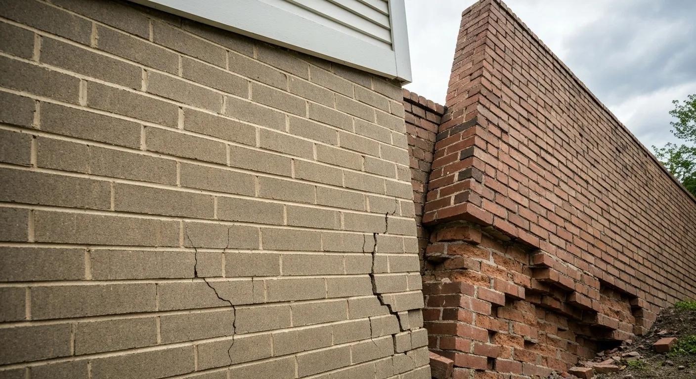 Close-up view of typical foundation problems found in Boston homes, such as cracks and leaning walls
