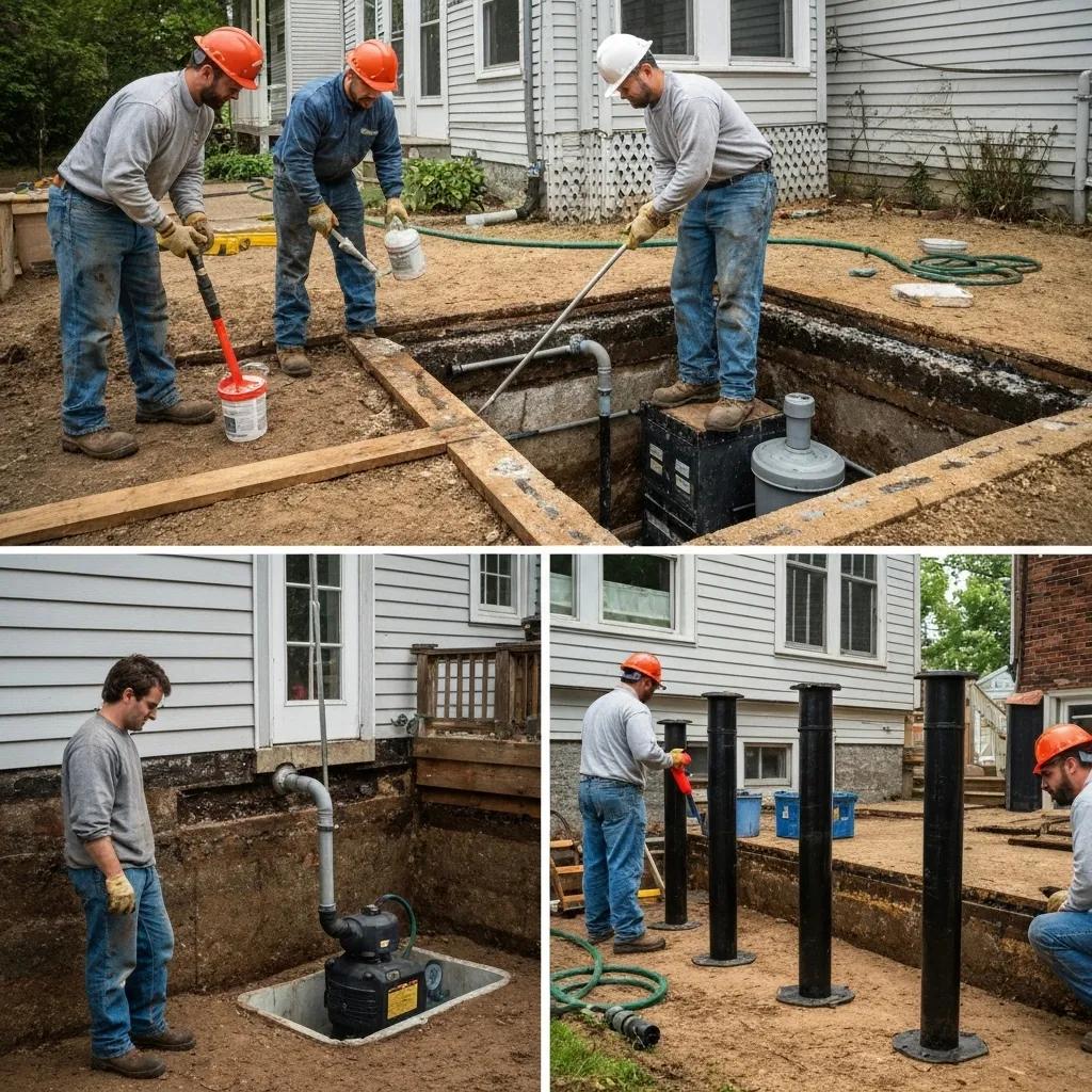 Skilled technicians performing foundation repair work on a Boston property, showcasing advanced techniques and collaborative effort