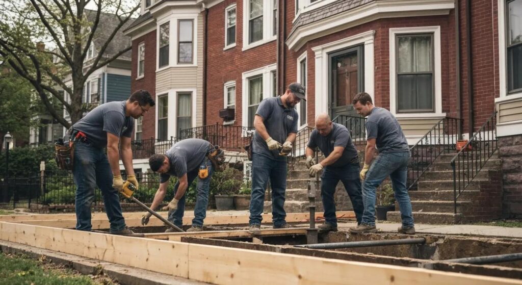 Boston foundation repair crew working on a local home, highlighting their expertise and modern methods