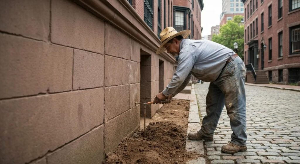 Expert foundation contractor examining a historic Boston residence, highlighting local knowledge and trustworthiness
